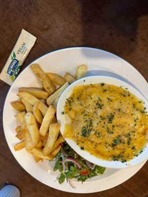 Vegan Mac n cheese with a healthy portion of chips.  at The Drift Inn in Isle Of Arran