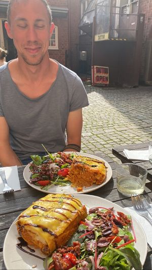 Vegan lasagna with side salad  at Café Holmgången in Malmo