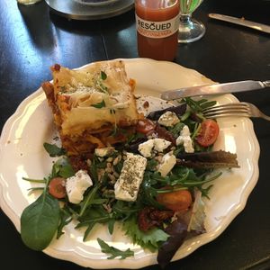 Vegan lasagne and feta cheese salad at Café Holmgången in Malmo