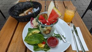 Vegan Breakfast (07/2024) with a vegan croissant (!). Juice included. at Menami in Bochum