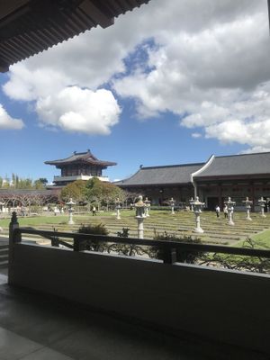 Looking back toward cafe area at Water Drop Vege Cafe at Fo Guang Shan Temple in Auckland
