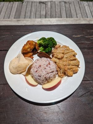 Lemon chicken meal at Water Drop Vege Cafe at Fo Guang Shan Temple in Auckland