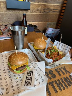 Vegan Cheeseburger and Mini Mac with chilli fries and a salted caramel shake  at Hello Sam in South Yarra