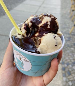 Peanut butter and pretzel ice cream with espresso sauce (all vegan!)  at Katchi Ice Cream - Savignyplatz in Berlin