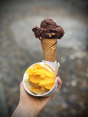 Willy Wonka in the waffle, mango and pear-basil in the cup  at Katchi Ice Cream - Savignyplatz in Berlin