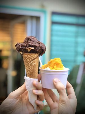 Willy Wonka in the waffle, mango and pear-basil in the cup.  at Katchi Ice Cream - Savignyplatz in Berlin