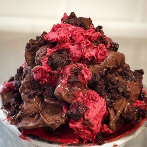 Welcome to Katchis Black Forest😄Chocolate ice cream layered with Cherry Ice Cream with Choc sponge cake, soaked into real deal cherry water (Kirschwasser: Alcohol). at Katchi Ice Cream - Savignyplatz in Berlin