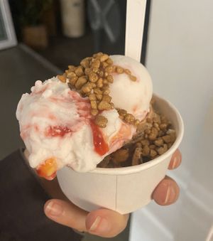 Sticky coco and hazelnut praline scoops with hazelnut topping  at Katchi Ice Cream - Savignyplatz in Berlin