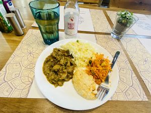Mushroom curry, rice, houmous and carrot salad at Satsanga in Sofia