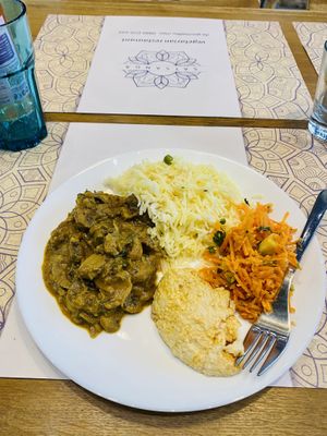 Mushroom curry, rice, houmous and carrot salad at Satsanga in Sofia