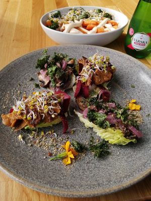 Two bites with black bean hummus, portobello, pickled onion, raisin mustard, kale, miso mayonnaise, pickled carrot and Vöner. Plus mK at Tru Kitchen in Tallinn