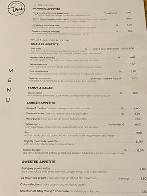 Menu Jan 2020 at Tru Kitchen in Tallinn