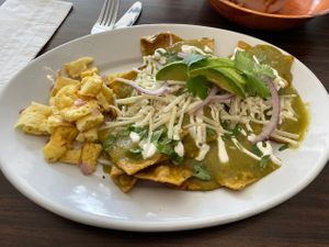 Green chilequilles  at Cien 100% Naturalisimo in Berwyn