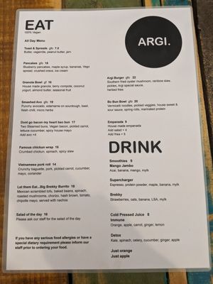 Menu at Argi in Kensington