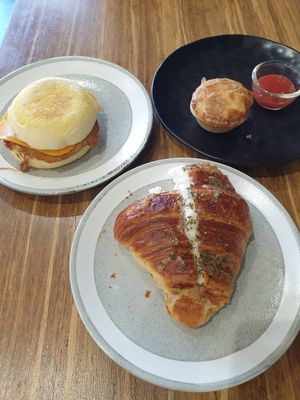 Bacon+egg muffin $13.00, Garlic cream cheese croissant $9.00, Party pie $3.50 (all delicious) at Argi in Kensington