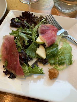 Salad with watermelon radish and apple, vegan optional when omitting cheese at PizZando in Healdsburg