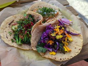 Broccoli, asparagus, and beans & cheese tacos at Tacos Oscar in Oakland