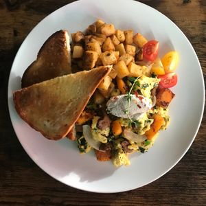 Fall Vegetable Just Egg Scramble, with vegan herbed ‘goat’ Cheese at Life on Mars in Seattle