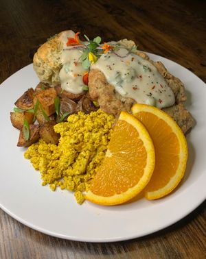 Country Fried ‘Steak’, herbed biscuit, country gravy, potatoes, tofu scramble Brunch Special at Life on Mars in Seattle