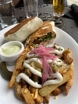 BBQ Jackmac wrap with Disco Fries. Delicious ! at Life on Mars in Seattle