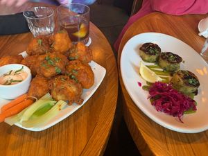 Cauliflower wings and samosa curry cakes   at Life on Mars in Seattle