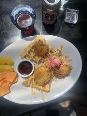 Aerial View of Chick’n’Waffles w/Seasonal Kombucha  at Life on Mars in Seattle