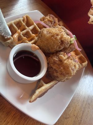 Brunch cauliflower chick’n and waffles   at Life on Mars in Seattle