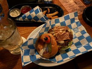 Smash Burger with a side of fries.  at Life on Mars in Seattle