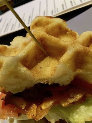 Waffle sandwich with coconut bacon. at Life on Mars in Seattle