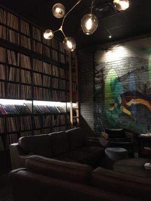 Sitting area and vinyl library  at Life on Mars in Seattle