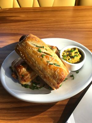Red Lentil Sausage Rolls in vegan Puff Pastry at Life on Mars in Seattle