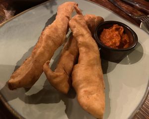 Vegan fry bread with pepper spread  at Moose-AKa's in Denali