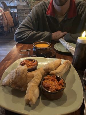 Fried bread, double red pepper dip to make fully vegan  at Moose-AKa's in Denali