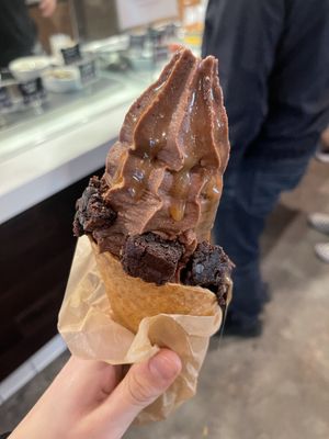 Chocolate yoga-urt with caramel sauce and brownie bits  at Yoga-urt in Los Angeles