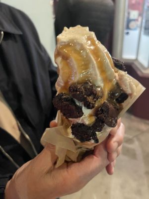 Peanut butter yoga-urt, caramel sauce and brownie bits  at Yoga-urt in Los Angeles
