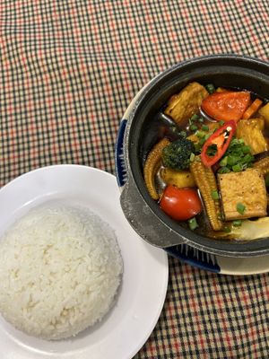 Tofu with vegetables and rice (nice!)  at Sen Vegan House in Ho Chi Minh City