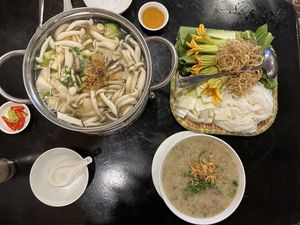 Mushroom hot pot and mushroom porridge  at Sen Vegan House in Ho Chi Minh City