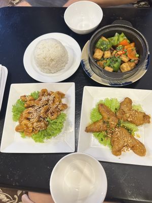 tofu with bell pepper and shiitake, fried gluten with sesame (so good) and wheat wings (amazing)  at Sen Vegan House in Ho Chi Minh City