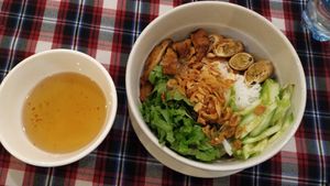 Fresh rice noodle with roasted vegan meat and spring rolls at Sen Vegan House in Ho Chi Minh City