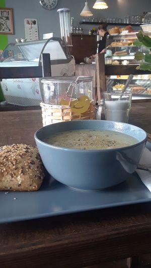 their daily potato "cream" soup.  at Miros Cafe in Berlin