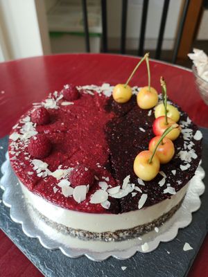 Raspberry Sour Cherry Cheesecake mmm... at Rawcakes Thalia  in Sofia