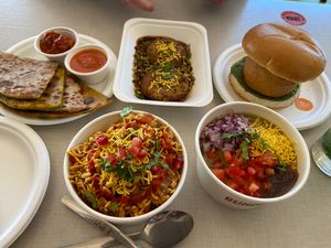 A feast! Our favourites: bhel puri, ragda pethis and vada pav plus two new dishes   at Bundobust in Liverpool