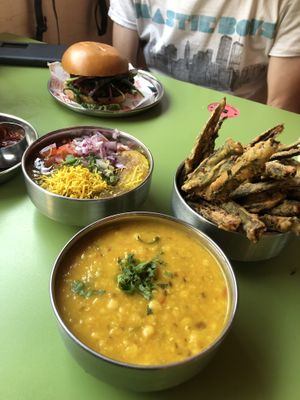Tarka dhal, okra fries, ragda pethis, and bhaji butty  at Bundobust in Liverpool