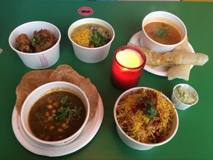 All vegan: bhajis, bhel puri, masala dosa, chole saag with puri, raghda pethis - and all delicious!  at Bundobust in Liverpool