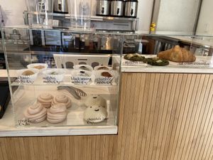 Counter with sweets, like mochi and cookies  at Tea Stories in Eindhoven