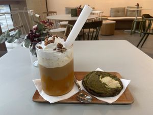 Pumpkin spice latte (nice, but better not decrease the sugar level) and matcha cookie (a bit bitter) at Tea Stories in Eindhoven