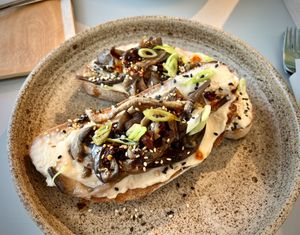 Toast with grilled aubergine. Lovely spicy  at Tea Stories in Eindhoven