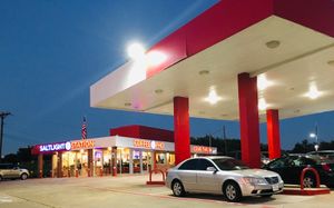 Old gas station converted into a coffee shop and Vietnamese restaurant  at Saltlight Station in Allen