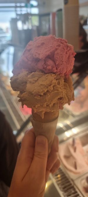 Raspberry & caramel in a waffle cone at Mubble in Sorrento
