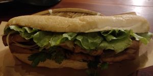 Peanut butter & tofu baguette (banh mi) at Banh Mi Ha Noi in Tam Coc